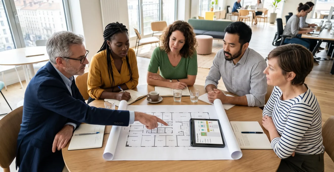 Atelier collaboratif d'équipe autour d'une table de réunion avec plans d'aménagement, collaborateurs en discussion active pointant et annotant les documents