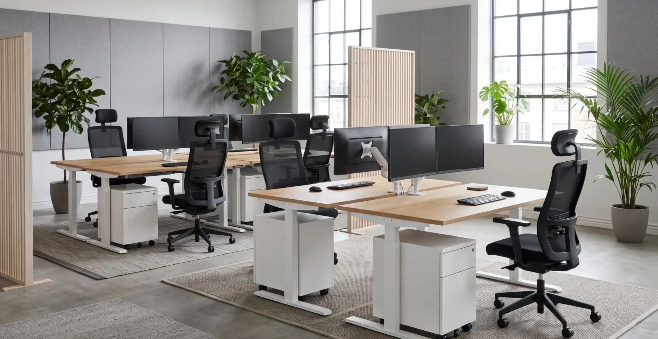 Open space professionnel moderne avec bureaux réglables en hauteur, fauteuils ergonomiques certifiés, panneaux acoustiques muraux et rangements modulaires sous lumière naturelle