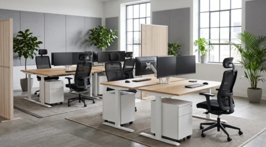 Open space professionnel moderne avec bureaux réglables en hauteur, fauteuils ergonomiques certifiés, panneaux acoustiques muraux et rangements modulaires sous lumière naturelle